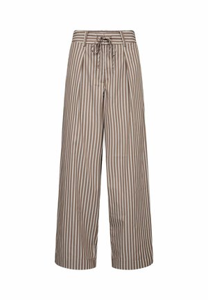 Pantalon large taille haute marron clair à rayures blanches verticales avec un cordon à l'avant à la taille.