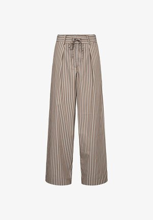 Pantalon large taille haute marron clair à rayures blanches verticales avec un cordon à l'avant à la taille.