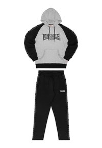 Felpa con cappuccio Lonsdale London grigia e nera con pantaloni della tuta neri abbinati, caratterizzati da strisce laterali con logo e stampe del marchio.