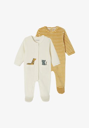 Zwei Baby-Body: einer in Creme mit Tierstickerei und Taschen, der andere in senfgelb mit weißen Streifen. Weicher Stoff, runder Hals, lange Ärmel.