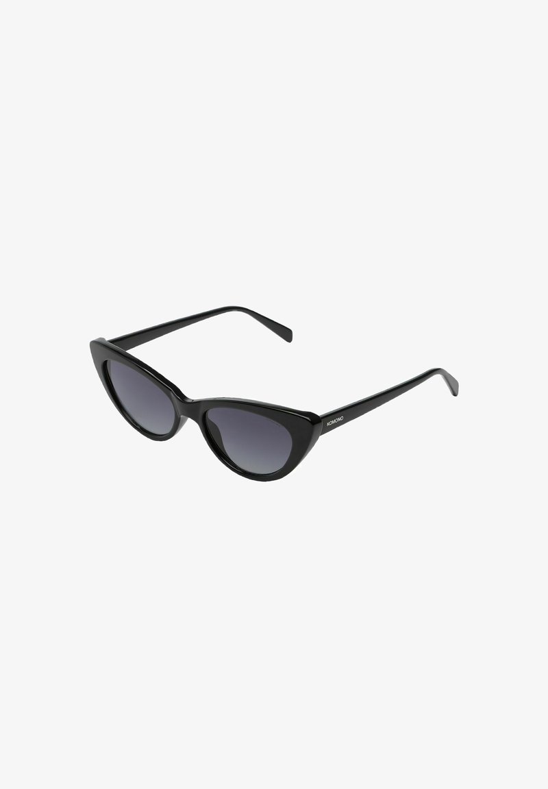 Cat-eye sunglasses with a glossy black frame and gradient dark lenses. Slim temples with subtle branding detail on one side.