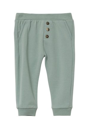 Lichtgroene katoenen broek met een elastische tailleband, drie bruine knopen aan de voorkant, zijzakken en geribde manchetten.