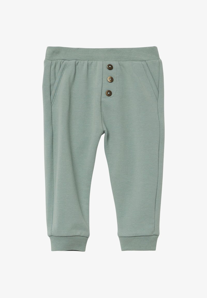 Lichtgroene katoenen broek met een elastische tailleband, drie bruine knopen aan de voorkant, zijzakken en geribde manchetten.