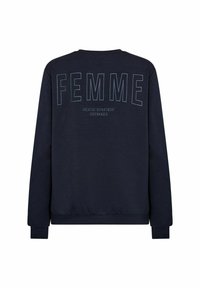 Navy sweatshirt met een ronde halslijn, voorzien van "FEMME" in vette letters op de achterkant en "CREATIVE DEPARTMENT COPENHAGEN" daaronder.
