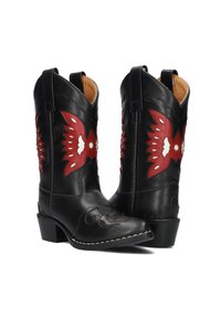 Black leather cowboy boots with red and white embroidered eagle designs, pointed toes, and a stitched white accent around the soles.