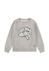 Sudadera gris de tela suave que presenta un diseño gráfico negro "Curious Minds" en la parte frontal y un detalle de etiqueta lateral. Corte casual y mangas largas.