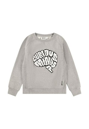 Sweatshirt gris en tissu doux avec un design graphique "Curious Minds" noir sur le devant et un détail d'étiquette sur le côté. Coupe décontractée et manches longues.
