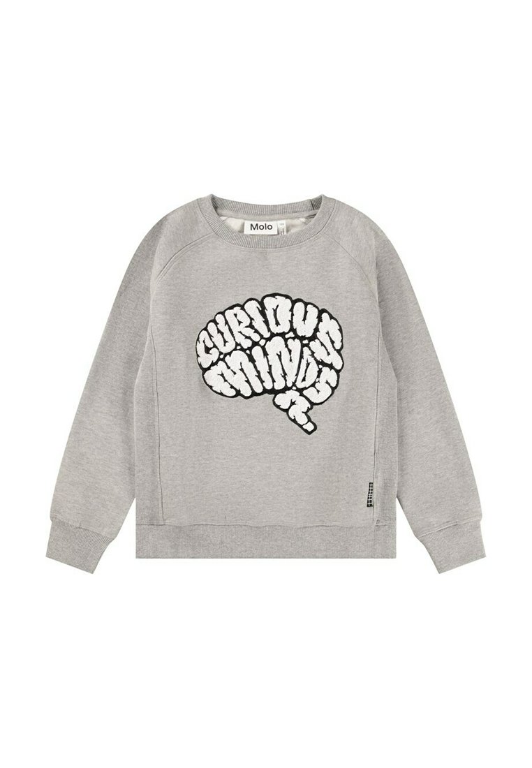 Sudadera gris de tela suave que presenta un diseño gráfico negro "Curious Minds" en la parte frontal y un detalle de etiqueta lateral. Corte casual y mangas largas.