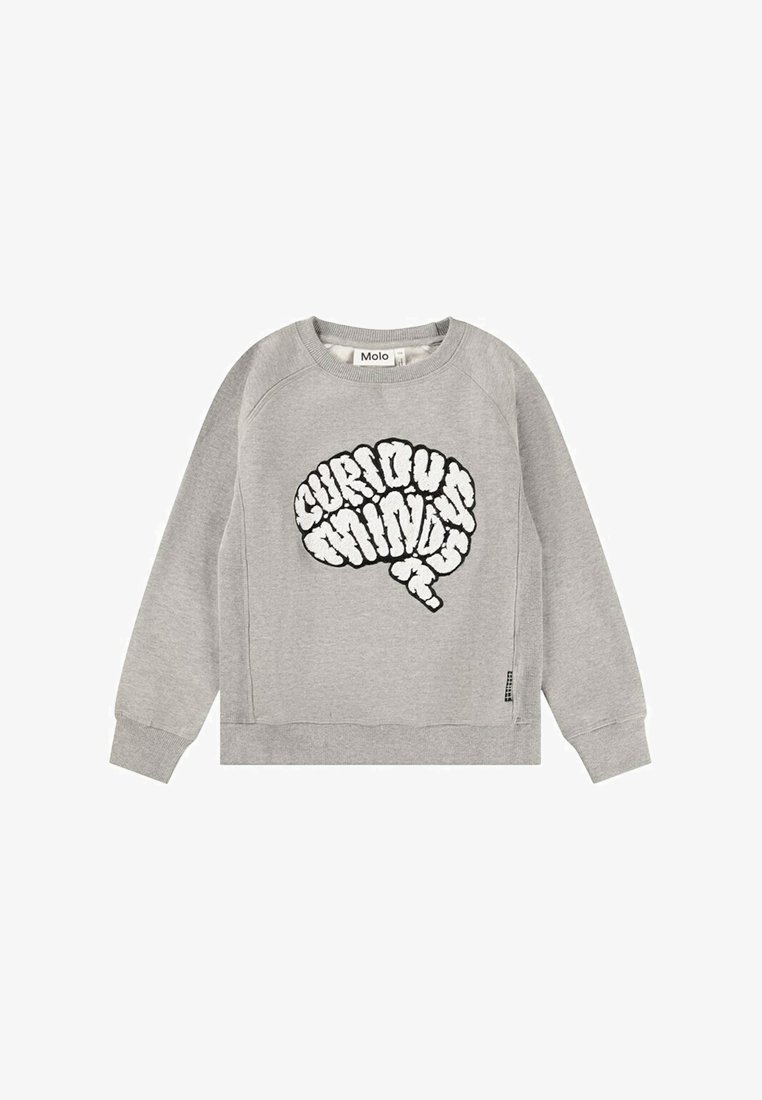 Felpa grigia in un tessuto morbido con un design grafico nero "Curious Minds" sul davanti e dettaglio etichetta laterale. Taglio casual e maniche lunghe.