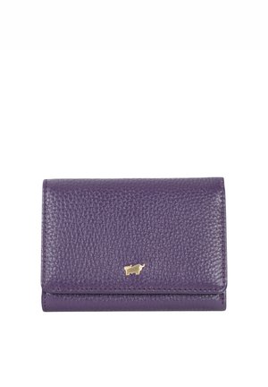 Portafoglio in pelle viola strutturata con piccolo logo dorato a forma di animale sul davanti, chiuso con una patta.