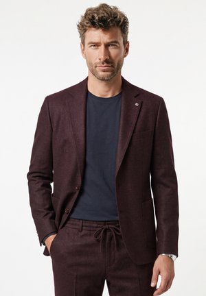 Man met krullend haar die een donker bordeauxrood colbert en broek draagt met een marineblauw T-shirt, staand met één hand in de zak tegen een witte achtergrond.