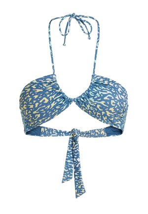 Modrý bikiny top s nařaseným designem, zavazovacími popruhy a žlutým abstraktním vzorem. Texturovaná tkanina s halter krkem a zavazováním na zádech.