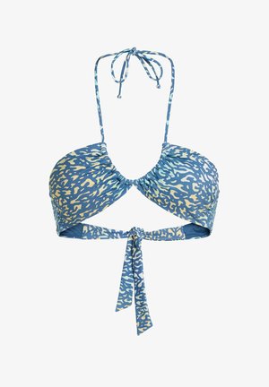 Kék bikini felső ráncolt dizájnnal, kötős pántokkal és sárga absztrakt mintával. Texturált anyag, nyakpántos és hátkötős záródással.