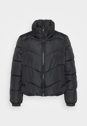 Black puffer jacket with a high collar, front zip closure, and elasticated cuffs. Features chevron quilted design and side pockets.