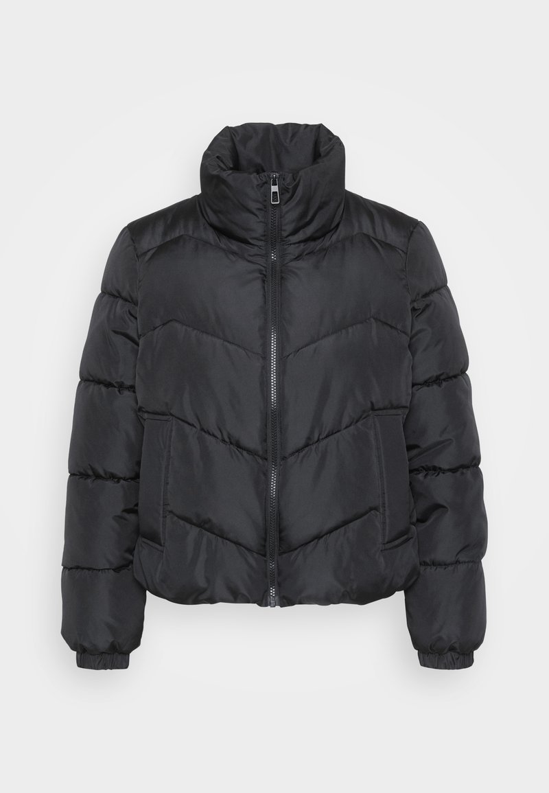 Chaqueta de plumas negra con cuello alto, cierre frontal de cremallera y puños elásticos. Presenta un diseño de acolchado en forma de chevrón y bolsillos laterales.