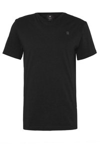 Black cotton t-shirt with a v-neck design. Short sleeves, simple cut, features a small logo on the chest. Soft texture and casual look.