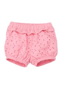 Shorts en coton rose avec une taille froncée, des motifs floraux brodés et des ourlets élastiques pour un ajustement confortable.