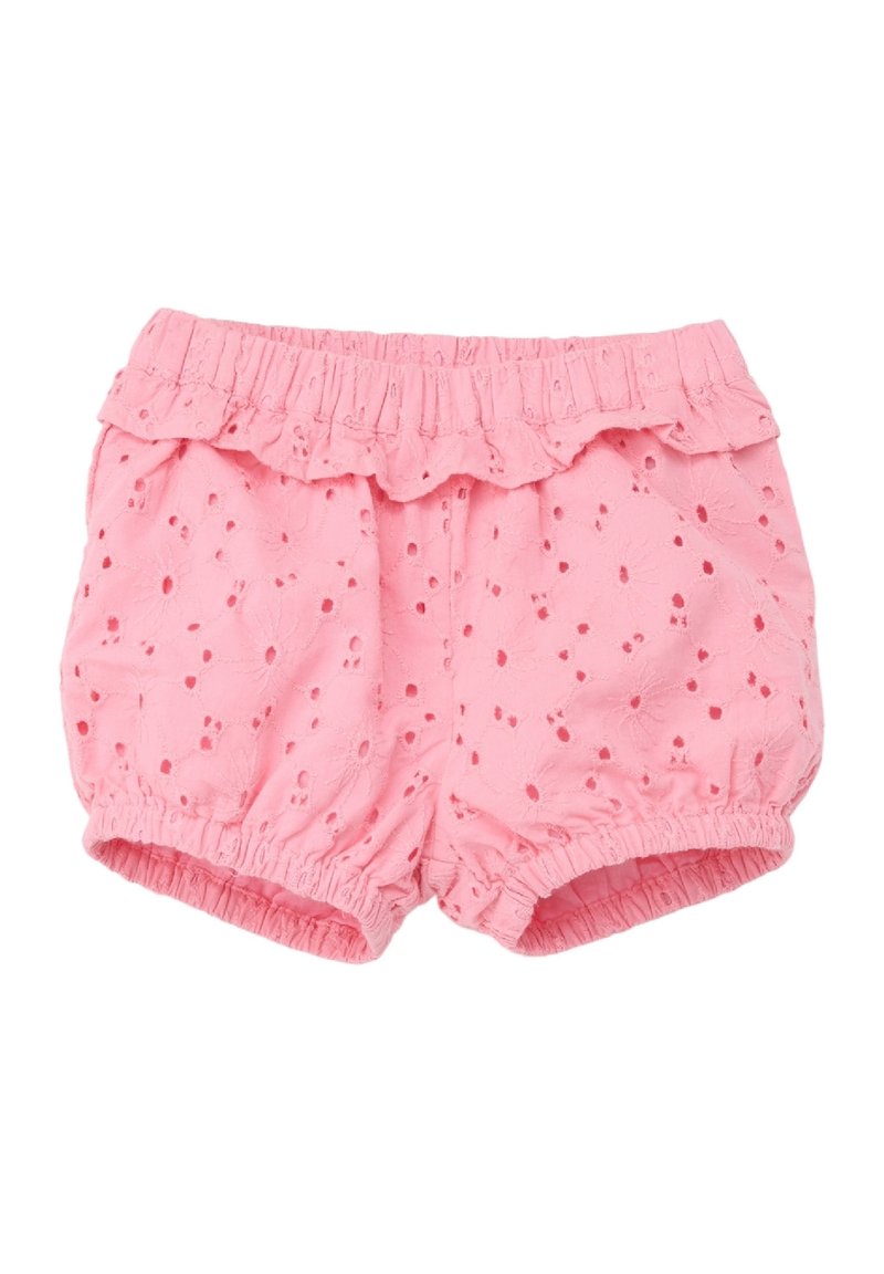 Shorts en coton rose avec une taille froncée, des motifs floraux brodés et des ourlets élastiques pour un ajustement confortable.