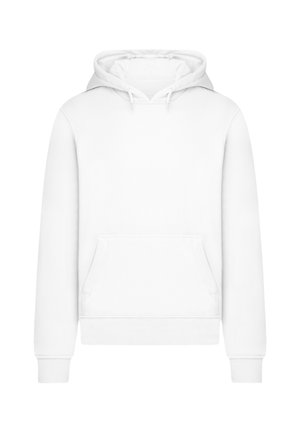 Schlichter weißer Kapuzenpullover mit Kängurutasche vorne und Kordelzug an der Kapuze, dargestellt vor weißem Hintergrund.