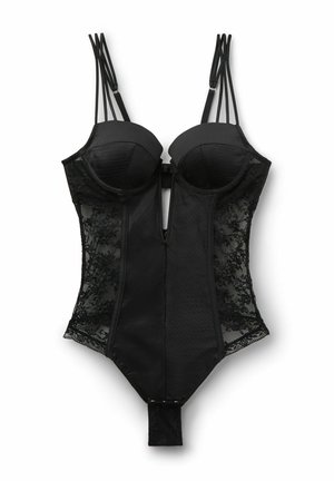 Body in pizzo nero e raso con coppe strutturate, doppie spalline e chiusura a scatto nell'inguine.