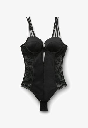 Sort blonde- og satinkrop med strukturerede skåle, dobbelte skulderstropper og trykknaplukning ved skridtet.