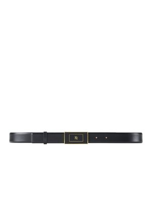 Black leather belt with a gold metal buckle displaying a rectangular logo, featuring smooth texture and minimal design, two holes for adjustment.