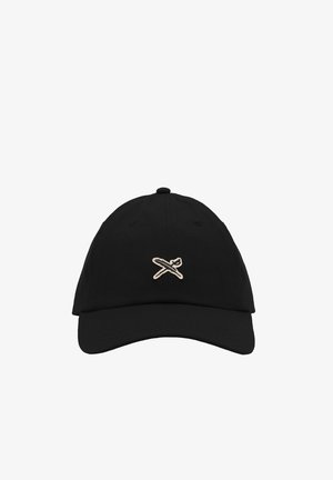 Black baseball cap with a small beige crossed sword and feather emblem centered on the front panel.
