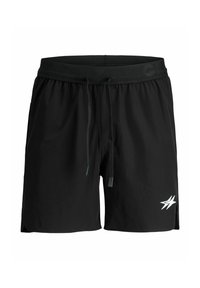 Schwarze Sportshorts mit elastischem Bund, Kordelzug und einem kleinen weißen Logo auf dem linken Bein.