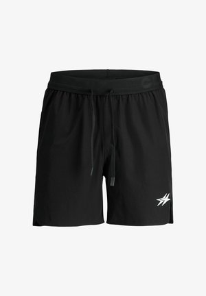 Pantalones cortos deportivos negros con cintura elástica, cordón y un pequeño logo blanco en la pierna izquierda.