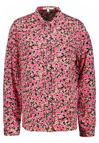 Lange mouw knoopshirt van lichte stof met een bloemmotief in roze, beige en zwarte tinten. Klassiek kraagontwerp.