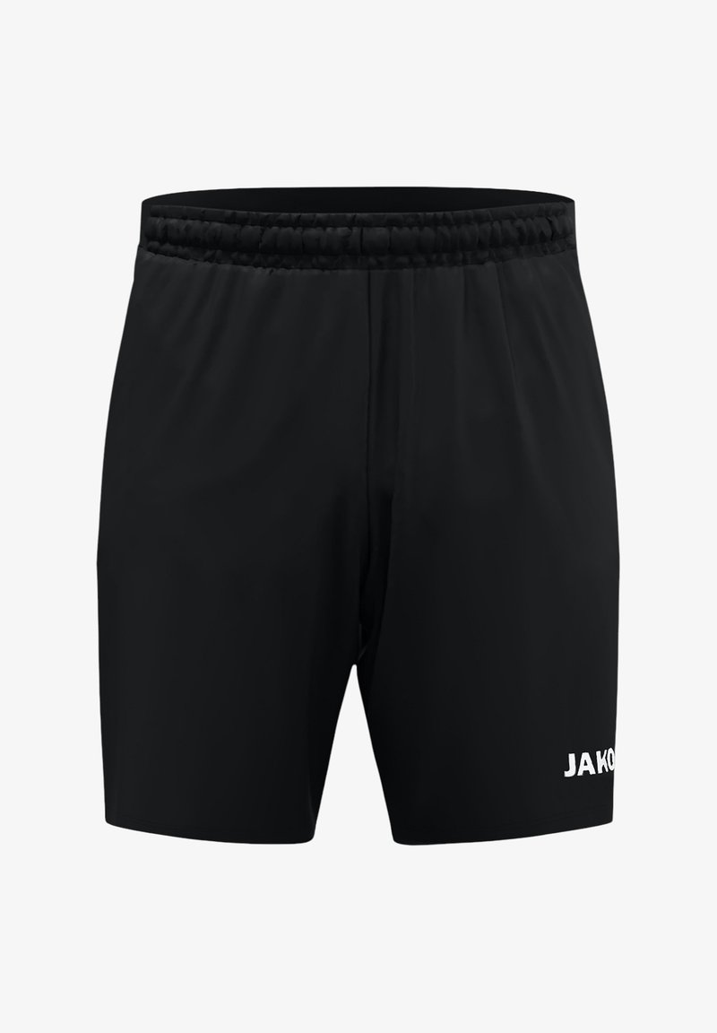 Schwarze Sportshorts mit einem elastischen Bund und einem weißen Logoakzent unten rechts. Glatter, leichter Stoff.