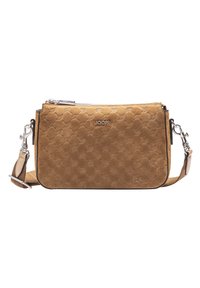 Borsa a tracolla in suede marrone con motivo impresso, hardware argentato, tracolla regolabile e chiusura con zip nella parte superiore.