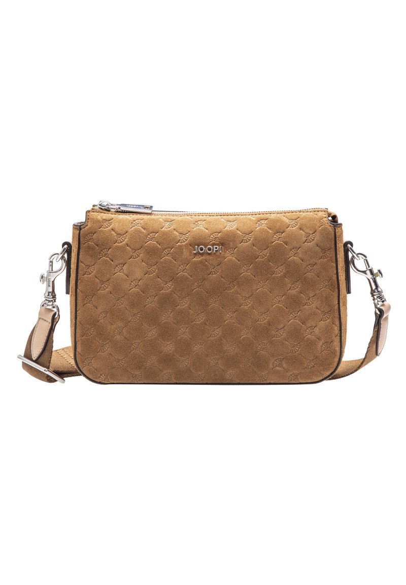Borsa a tracolla in suede marrone con motivo impresso, hardware argentato, tracolla regolabile e chiusura con zip nella parte superiore.