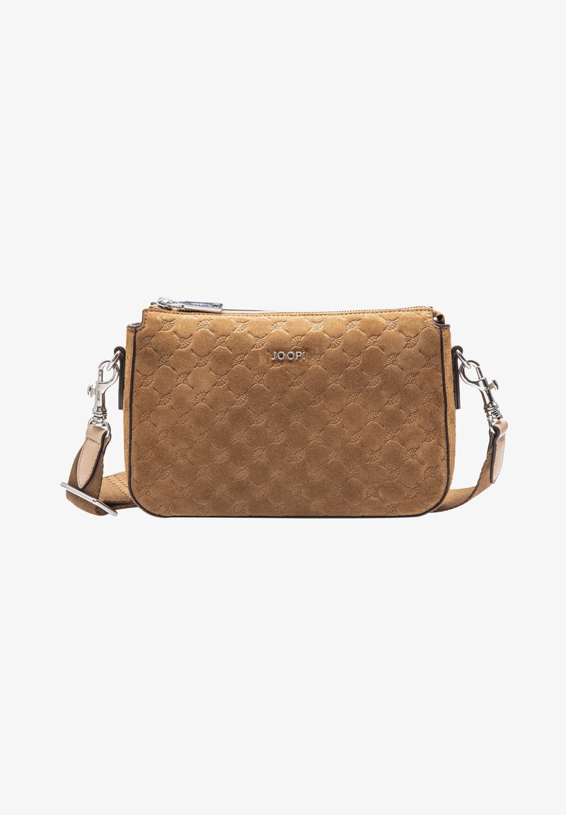 Borsa a tracolla in suede marrone con motivo impresso, hardware argentato, tracolla regolabile e chiusura con zip nella parte superiore.
