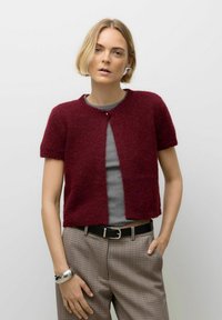 Bordo megztinis su trumpomis rankovėmis ir knopkių uždarymu, derinamas su pilku marškinėliu ir languotomis kelnėmis. Minimalistinio dizaino bruožai.