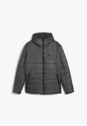 Puffer jacket, dark gray, with horizontal stitching, front zipper closure, two zippered side pockets, and a hood. Features a logo on the chest.