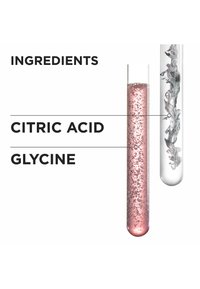 Två provrör: det ena innehåller rosa, bubblande vätska märkt "CITRONSYRA", det andra innehåller klar vätska med virvlande grå mönster, märkt "GLYCIN".