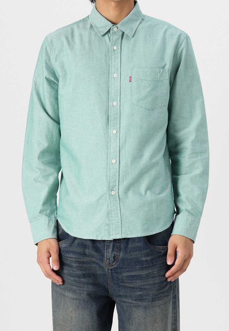 Camicia a maniche lunghe verde chiaro con colletto, taschino frontale e bottoni bianchi, realizzata in tessuto testurizzato. Indossata con jeans scuri.