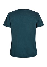 Turkos kortärmad bomull T-shirt med rundad halsringning och avslappnad passform. Slät textur, rak fåll, inga synliga mönster eller detaljer.