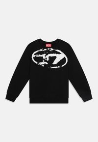 Black sweatshirt made of cotton, featuring a large white graphic logo on the front. Ribbed cuffs and neckline. Classic fit.