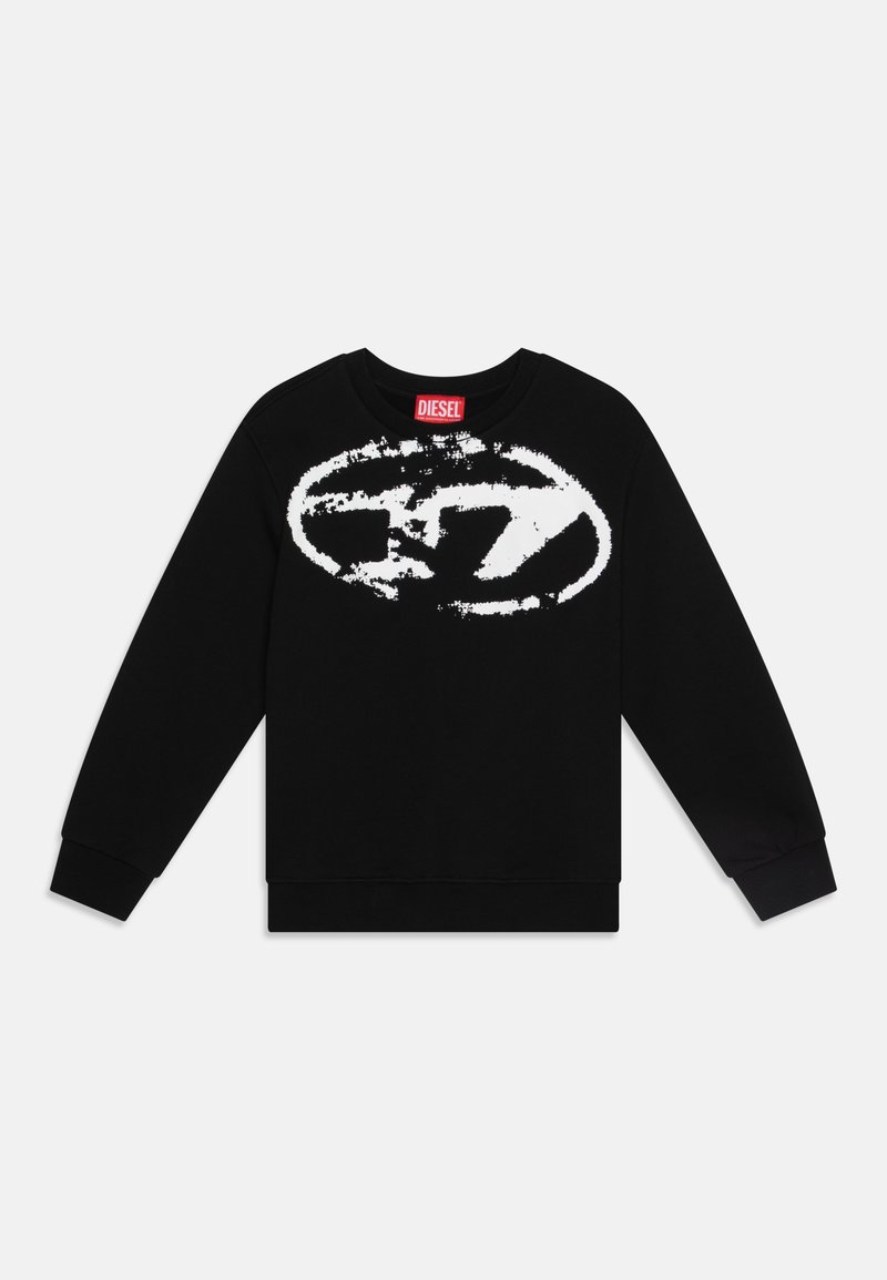 Black sweatshirt made of cotton, featuring a large white graphic logo on the front. Ribbed cuffs and neckline. Classic fit.