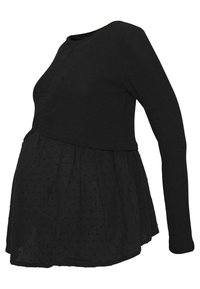 Schwarzes Langarm-Maternity-Shirt mit enganliegendem Strick-Oberteil und fließendem, strukturiertem, transparentem Stoff unterhalb der Brust.