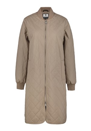 Beige gewatteerde lange jas met een rits aan de voorkant, geribbelde kraag, elastische manchetten en zijzakken. Gladde textuur met een ruitpatroon details.