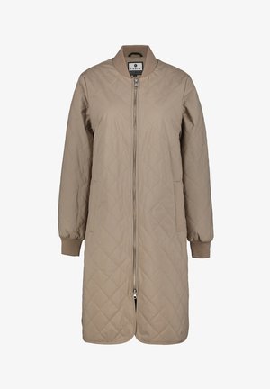 Beige gewatteerde lange jas met een rits aan de voorkant, geribbelde kraag, elastische manchetten en zijzakken. Gladde textuur met een ruitpatroon details.