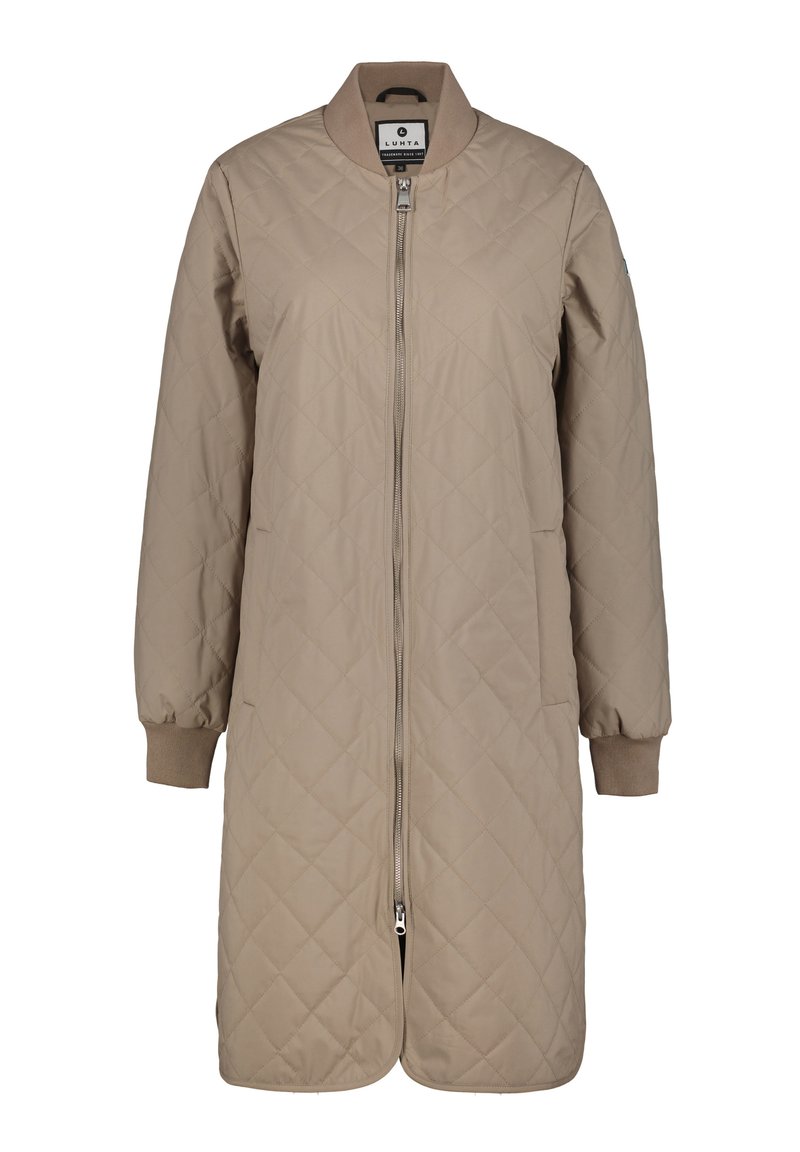 Beige quiltet lang jakke med lynlås foran, ribbet krave, elastiske mansjetter og sidelommer. Glat overflade med diamantmønsterdetaljer.