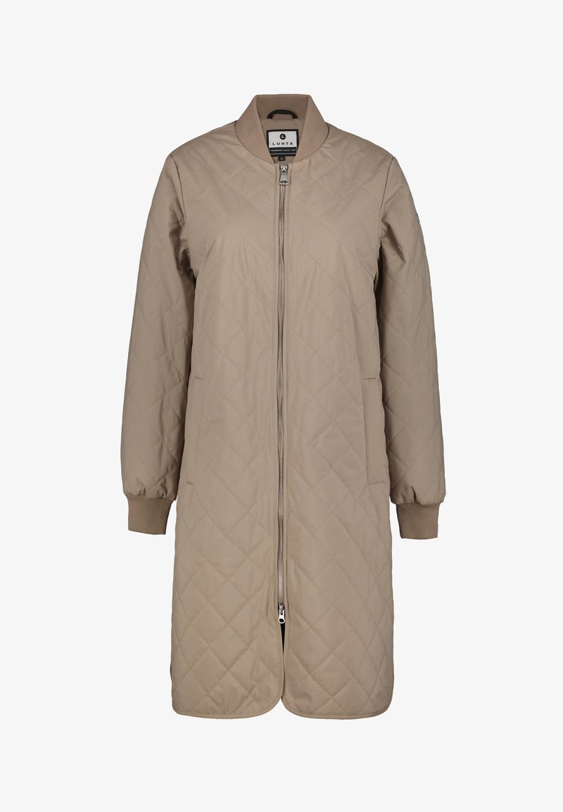 Beige quiltet lang jakke med lynlås foran, ribbet krave, elastiske mansjetter og sidelommer. Glat overflade med diamantmønsterdetaljer.