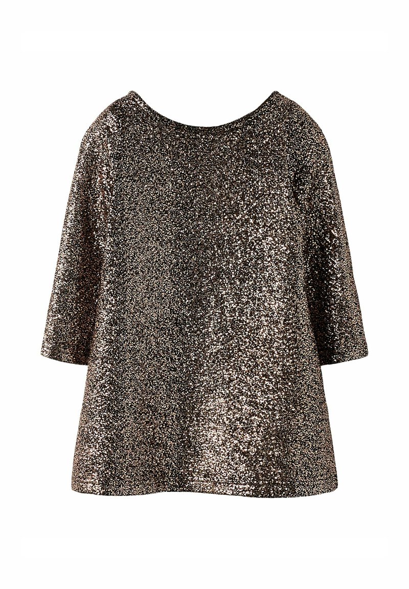 Top in bronzo con scollatura rotonda e maniche a tre quarti; design morbido ricoperto di paillettes lucenti e riflettenti.