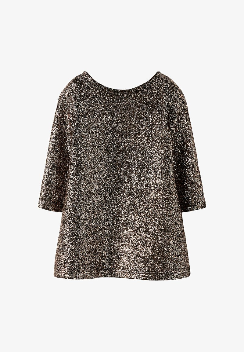 Top in bronzo con scollatura rotonda e maniche a tre quarti; design morbido ricoperto di paillettes lucenti e riflettenti.