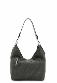 Grau Hobo-Tasche aus weichem Stoff mit strukturierter Oberfläche. Verfügt über eine Reißverschlusstasche und einen gebogenen Tragegurt mit Metallbeschlägen.