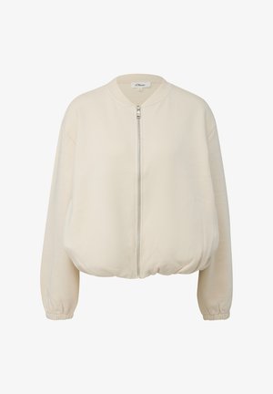 Beige gekürzte Bomberjacke mit glatter Textur, Reißverschluss vorne, geripptem Kragen und elastischen Bündchen, mit lockerem Schnitt und minimalistischem Design.